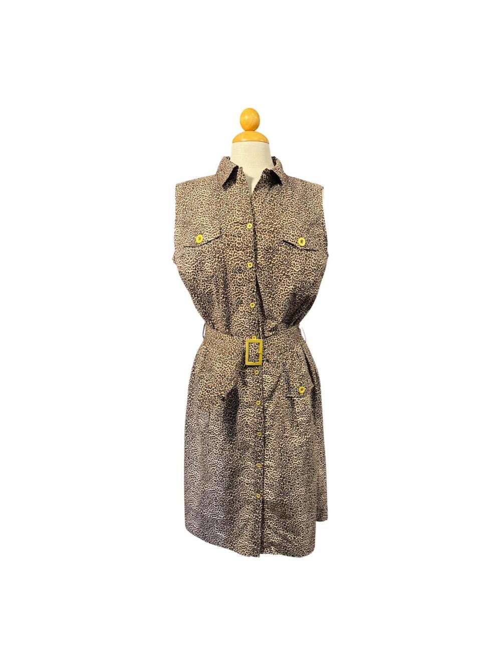 Leopard Print Sleeveless Shirt Dress with Belt Size 14
